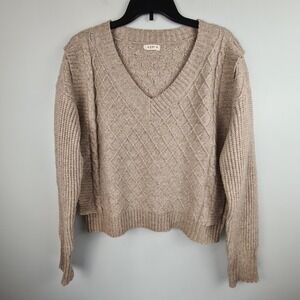 Kori America Cable Knit V Neck Solid Colored Taupe Sweater M/L Fringe Boxy Beige